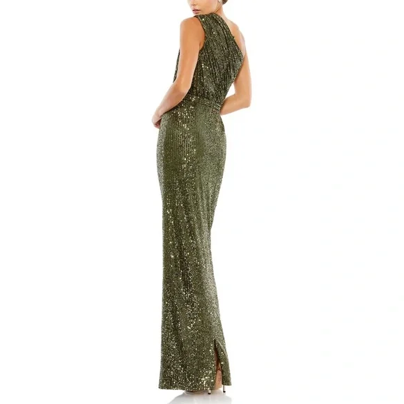 NWT Ieena for Mac Duggal 26694 Olive Sequined Ruched One Shoulder Gown - Sz 8 - Picture 2 of 12